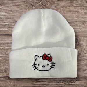 New White Beanie with Hello Kitty Embroidery